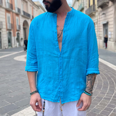 Camicia di lino turchese 2.0 collo coreano - FLAG STORE